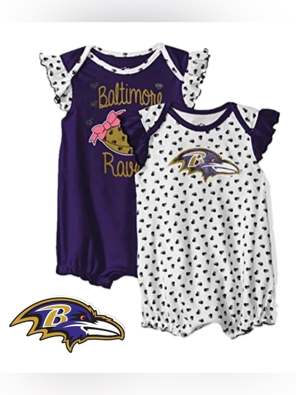 NWT Lot of 2x [NFL] Baltimore Ravens NFL Heart Fan Ruffle Onesies Baby Girls 12M - Picture 2 of 16